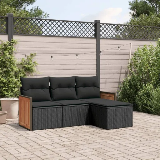 Conjunto de Sofás para Jardim c/ Almofadões Vime PE Preto (4 pcs)