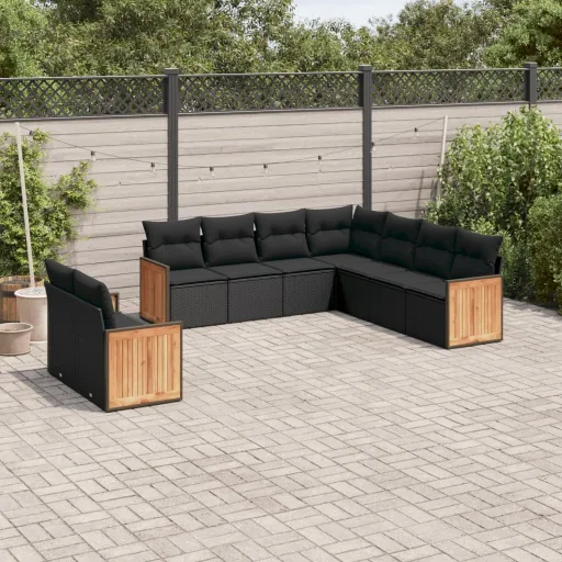 Conjunto de Sofás p/ Jardim c/ Almofadões Vime PE Preto (9 pcs)