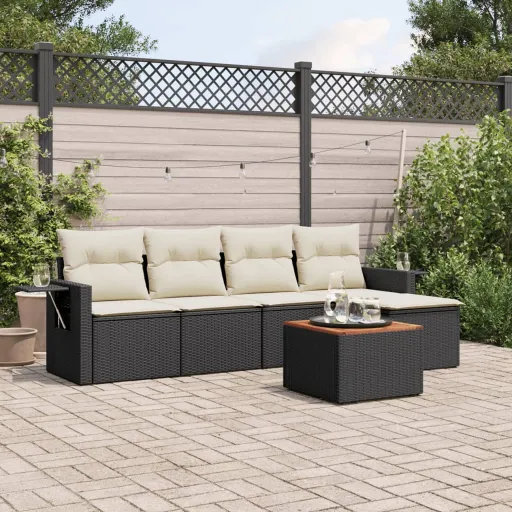 Conjunto Sofás de Jardim c/ Almofadões Vime PE Preto (6 pcs)