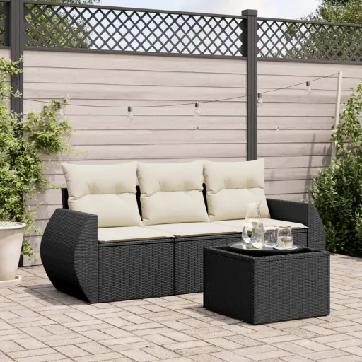 Conjunto de Sofás para Jardim c/ Almofadões Vime PE Preto (4 pcs)