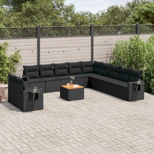 Conjunto de Sofás de Jardim c/ Almofadões Vime PE Preto (12 pcs)