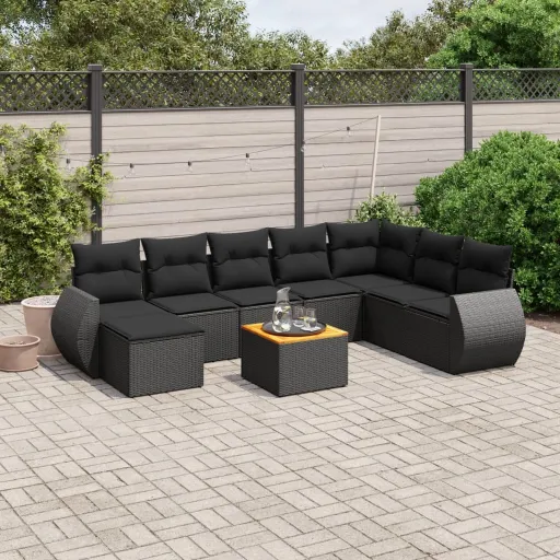 Conjunto de Sofás p/ Jardim c/ Almofadões Vime PE Preto (9 pcs)