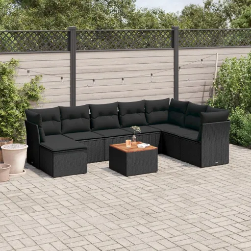 Conjunto de Sofás p/ Jardim c/ Almofadões Vime PE Preto (9 pcs)