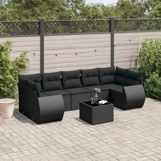 Conjunto Sofás de Jardim com Almofadões Vime PE Preto (8 pcs)