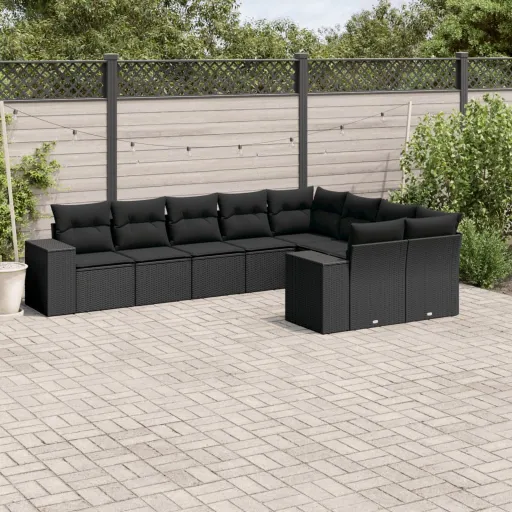 Conjunto de Sofás p/ Jardim c/ Almofadões Vime PE Preto (9 pcs)