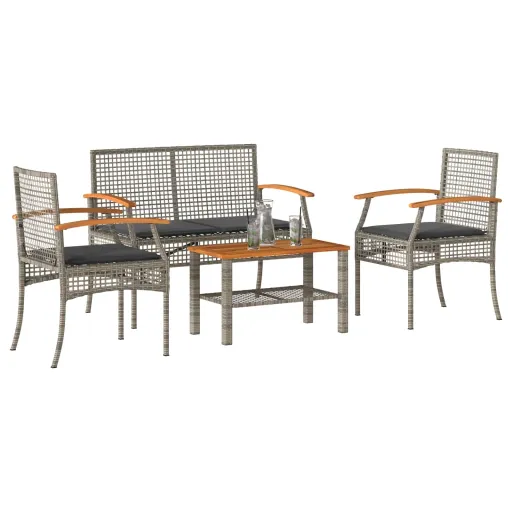 Conjunto Lounge de Jardim c/ Almofadões Vime PE Cinzento (4 pcs)