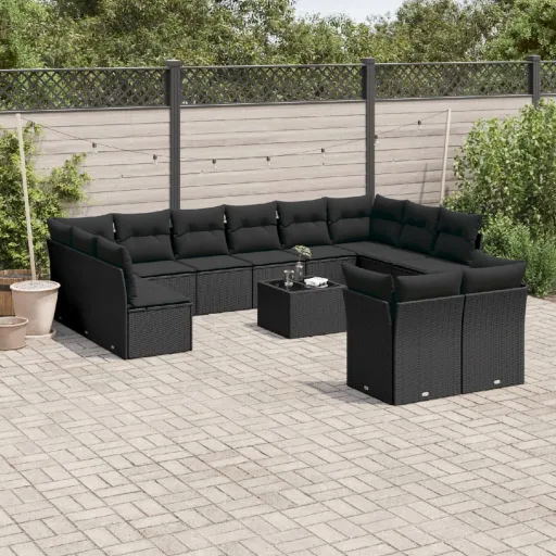 Conjunto de Sofás de Jardim com Almofadões Vime PE Preto (13 pcs)