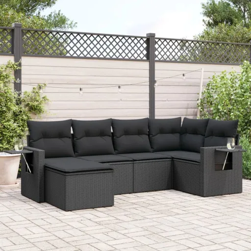 Conjunto Sofás de Jardim c/ Almofadões Vime PE Preto (6 pcs)