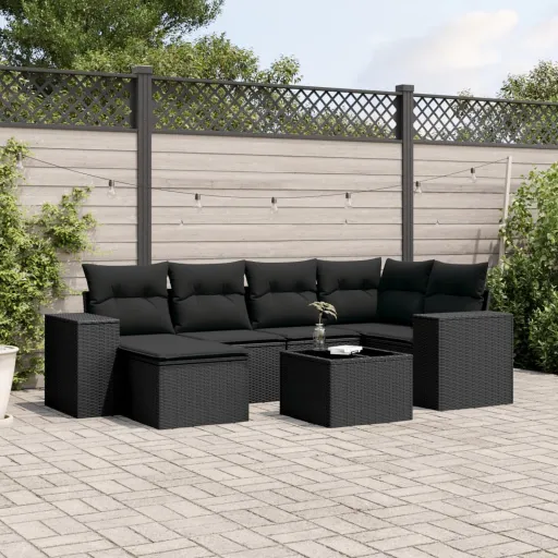 Conjunto de Sofás p/ Jardim c/ Almofadões Vime PE Preto (7 pcs)