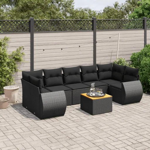 Conjunto Sofás de Jardim com Almofadões Vime PE Preto (8 pcs)