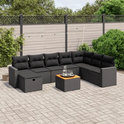 Conjunto de Sofás p/ Jardim c/ Almofadões Vime PE Preto (9 pcs)