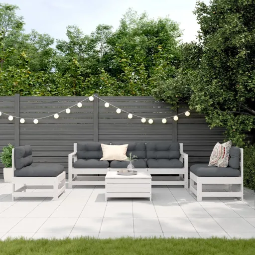 Conjunto Lounge Jardim c/ Almofadões Pinho Maciço Branco (6 pcs)