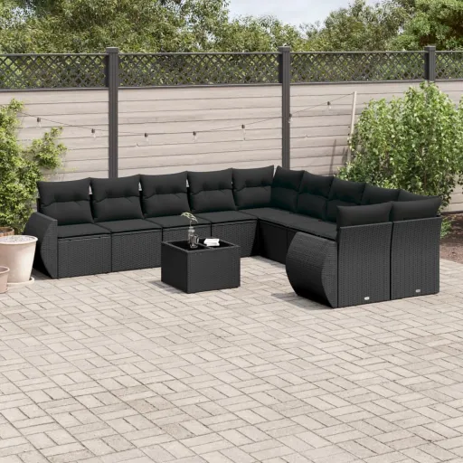 Conjunto Sofás de Jardim c/ Almofadões Vime PE Preto (11 pcs)