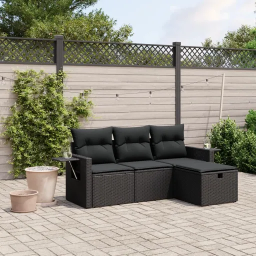 Conjunto de Sofás para Jardim c/ Almofadões Vime PE Preto (4 pcs)