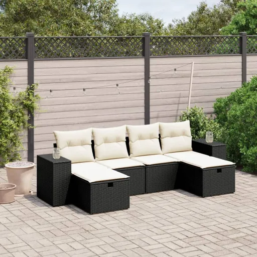 Conjunto Sofás de Jardim c/ Almofadões Vime PE Preto (6 pcs)