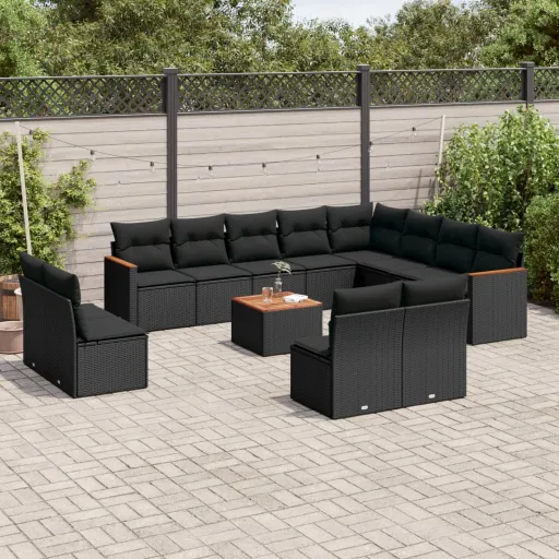 Conjunto de Sofás de Jardim com Almofadões Vime PE Preto (13 pcs)