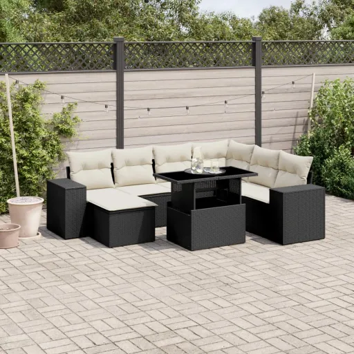 Conjunto Sofás de Jardim com Almofadões Vime PE Preto (8 pcs)