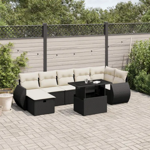 Conjunto Sofás de Jardim com Almofadões Vime PE Preto (8 pcs)