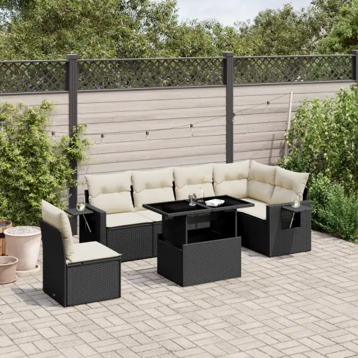 Conjunto de Sofás p/ Jardim c/ Almofadões Vime PE Preto (7 pcs)