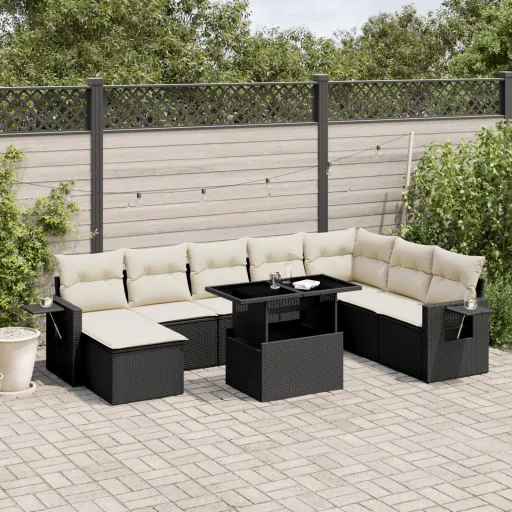 Conjunto Sofás de Jardim com Almofadões Vime PE Preto (8 pcs)