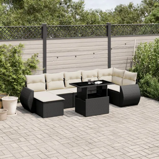 Conjunto Sofás de Jardim com Almofadões Vime PE Preto (8 pcs)