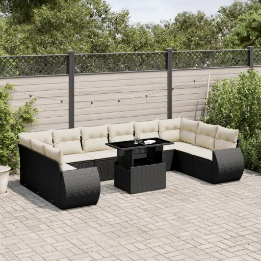 Conjunto Sofás de Jardim c/ Almofadões Vime PE Preto (11 pcs)