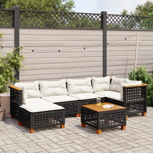 Conjunto de Sofás p/ Jardim c/ Almofadões Vime PE Preto (7 pcs)