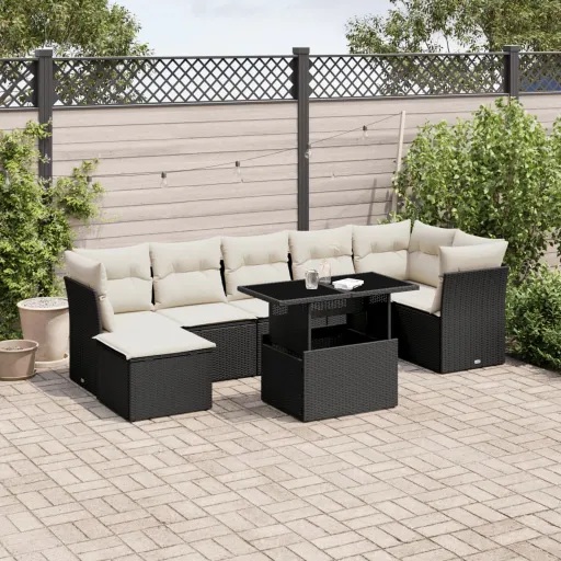 Conjunto Sofás de Jardim com Almofadões Vime PE Preto (8 pcs)