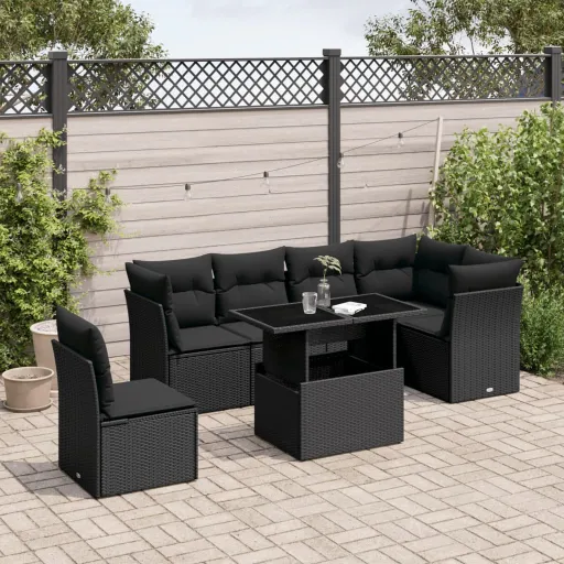 Conjunto de Sofás p/ Jardim c/ Almofadões Vime PE Preto (7 pcs)