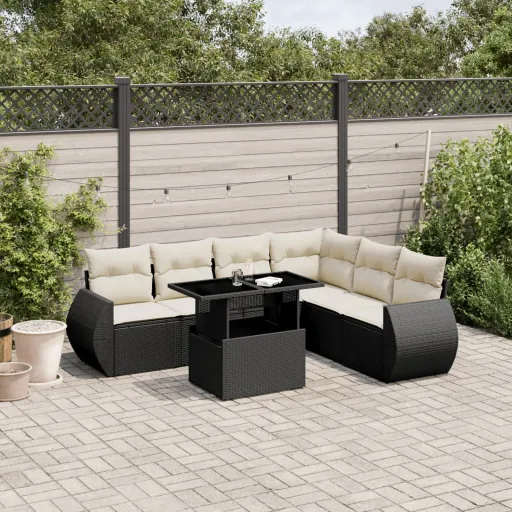 Conjunto de Sofás p/ Jardim c/ Almofadões Vime PE Preto (7 pcs)