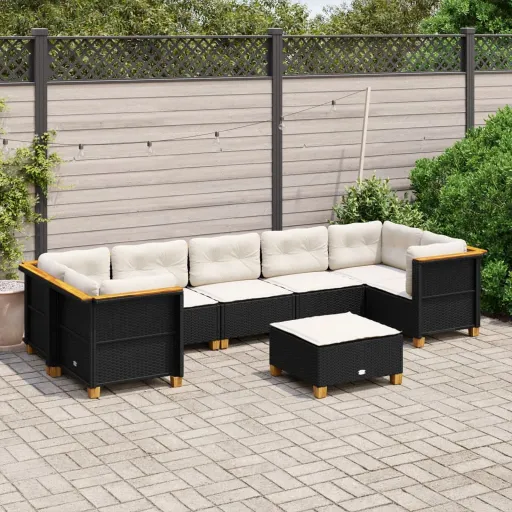 Conjunto Sofás de Jardim com Almofadões Vime PE Preto (8 pcs)