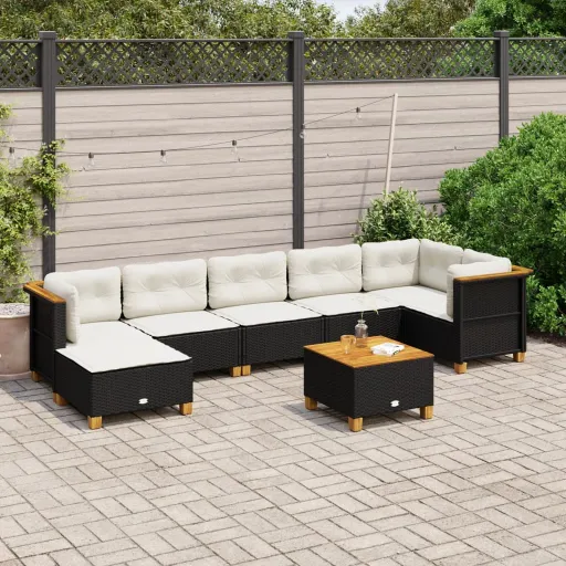 Conjunto Sofás de Jardim com Almofadões Vime PE Preto (8 pcs)