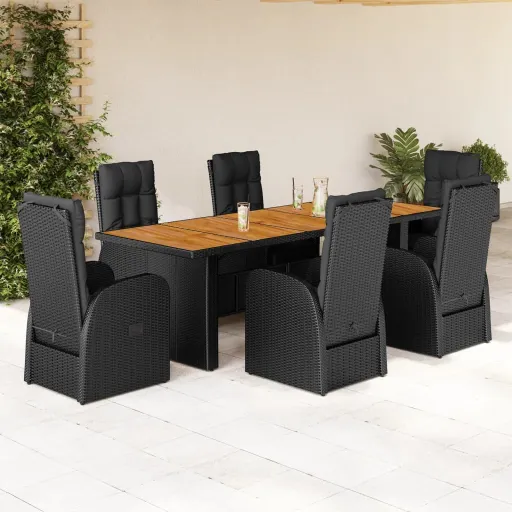 Conjunto de Jantar p/ Jardim c/ Almofadões Vime PE Preto (7 pcs)