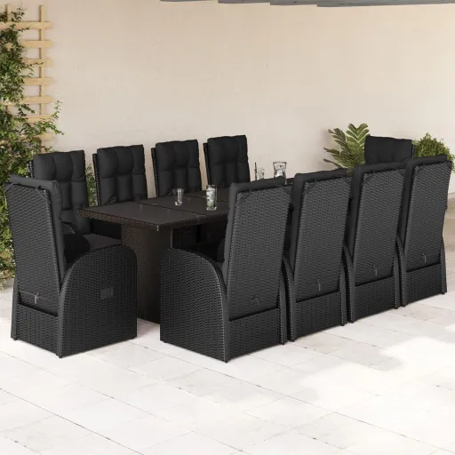 Conjunto de Jantar p/ Jardim c/ Almofadões Vime PE Preto (11 pcs)