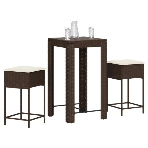 Conjunto de Bar p/ Jardim com Almofadões Vime PE Castanho (3 pcs)