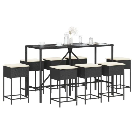 Conjunto de Bar para Jardim c/ Almofadões Vime PE Preto (9 pcs)