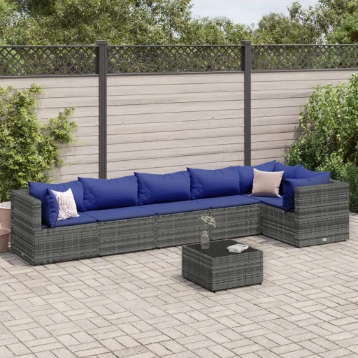 Conjunto Lounge de Jardim c/ Almofadões Vime PE Cinzento (7 pcs)