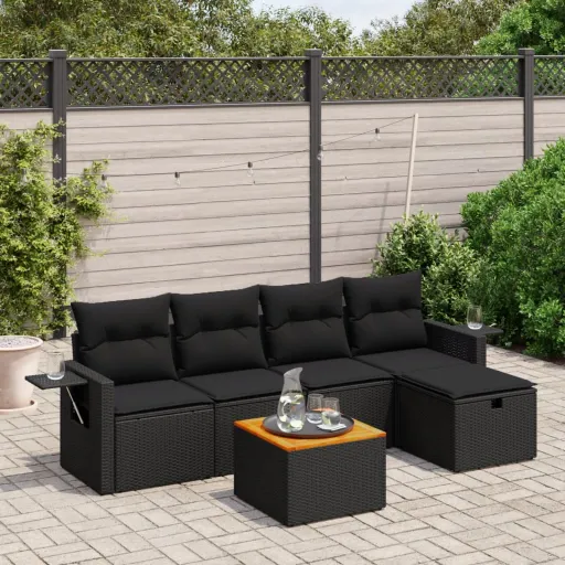 Conjunto Sofás de Jardim c/ Almofadões Vime PE Preto (6 pcs)