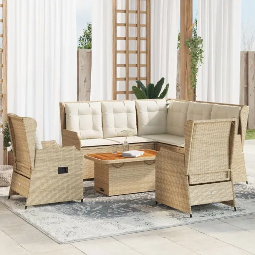 Conjunto Lounge p/ Jardim com Almofadões Vime PE Bege (6 pcs)