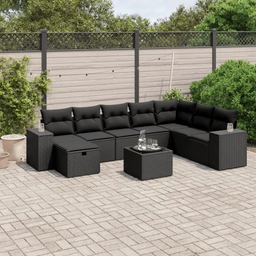 Conjunto de Sofás p/ Jardim c/ Almofadões Vime PE Preto (9 pcs)