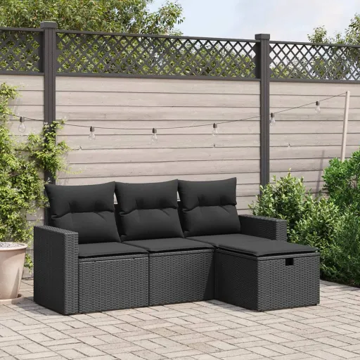 Conjunto de Sofás para Jardim c/ Almofadões Vime PE Preto (4 pcs)