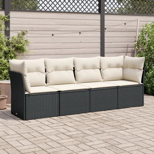 Conjunto de Sofás para Jardim c/ Almofadões Vime PE Preto (4 pcs)