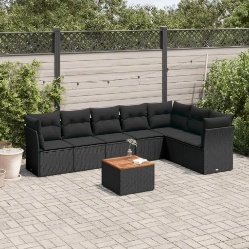 Conjunto Sofás de Jardim com Almofadões Vime PE Preto (8 pcs)