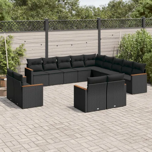 Conjunto de Sofás de Jardim com Almofadões Vime PE Preto (13 pcs)