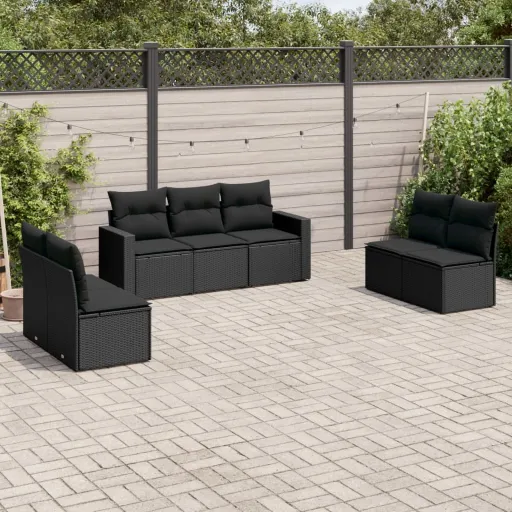 Conjunto de Sofás p/ Jardim c/ Almofadões Vime PE Preto (7 pcs)