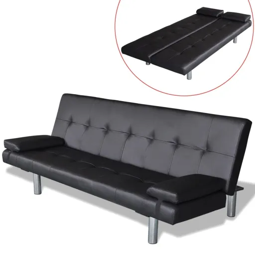 Sofa-Cama Ajustável com 2 Almofadas Couro Artificial Preto