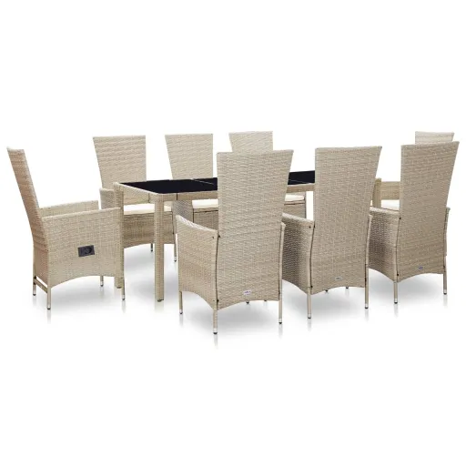 Conjunto Jantar Exterior com Almofadões Vime PE Bege (9 pcs)