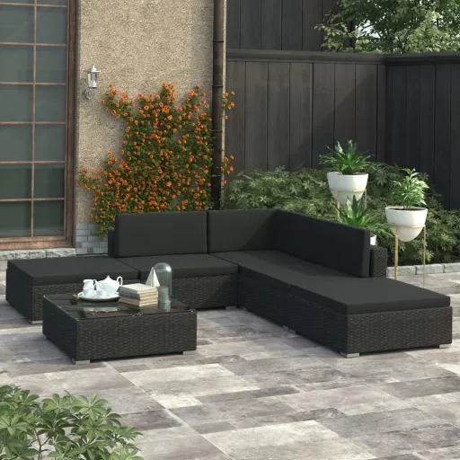 Conjunto Lounge de Jardim c/ Almofadões Vime PE Preto (6 pcs)