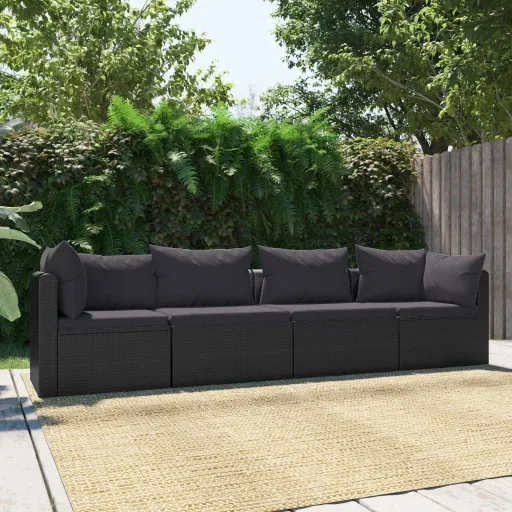 Conjunto Sofás de Jardim c/ Almofadões Vime PE Preto (4 pcs)