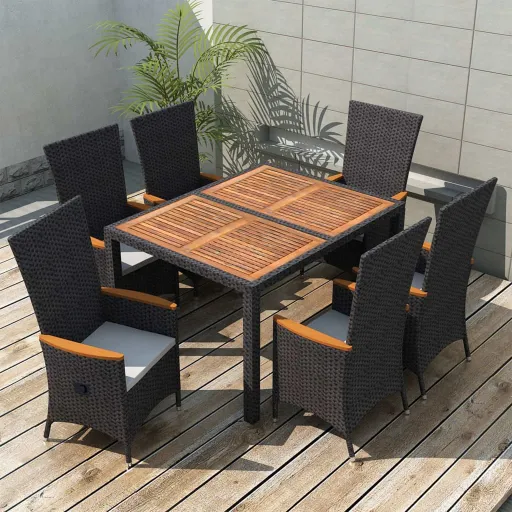 Conjunto Jantar p/ Exterior Vime PE Madeira Acácia Preto (7 pcs)